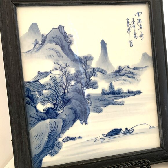 2 Chinese Export Canton Porcelain Wall Plaques Blue & White Wood Framed 9x10.25 - Picture 2 of 8